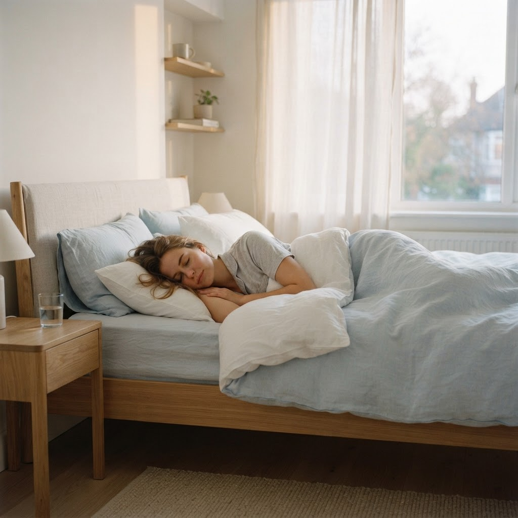 朝の光が差し込む清潔な寝室で眠っている様子