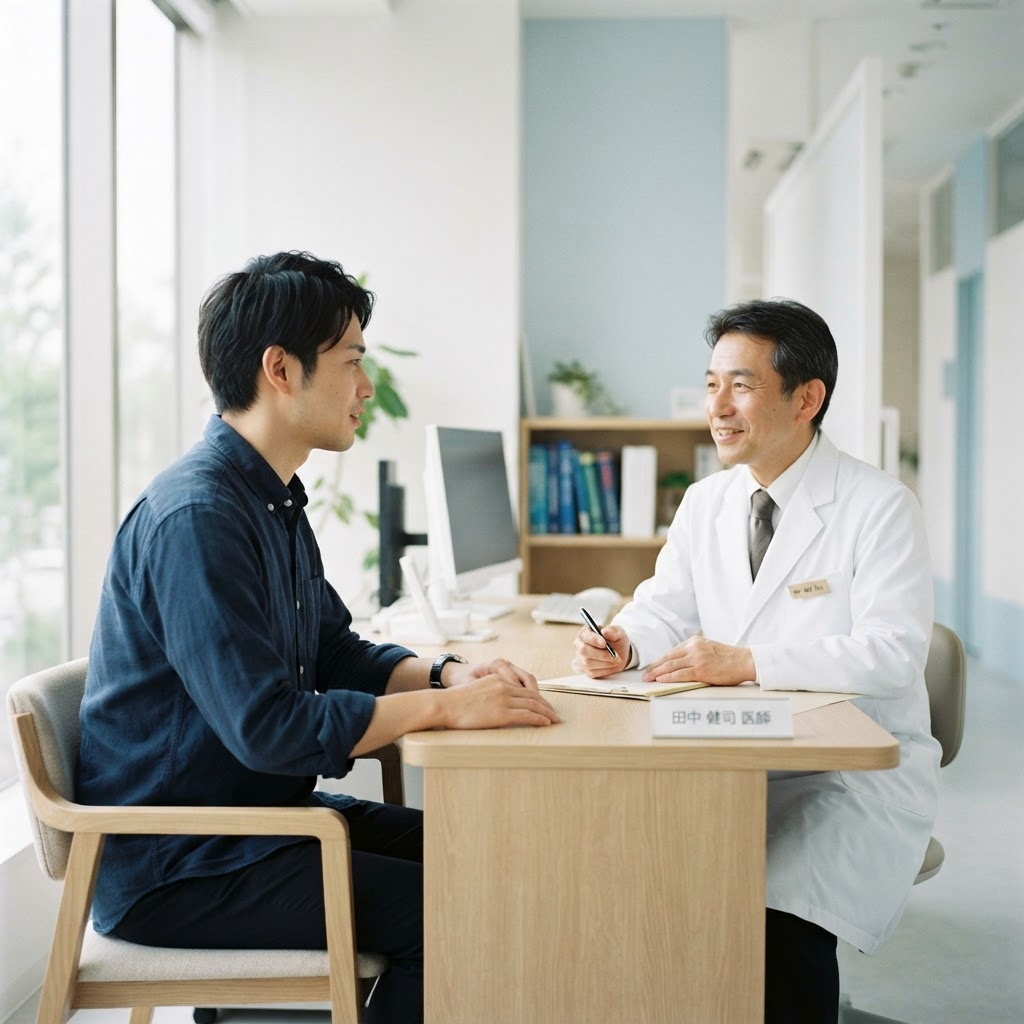 明るいクリニックで医師にカウンセリングを受けている男性